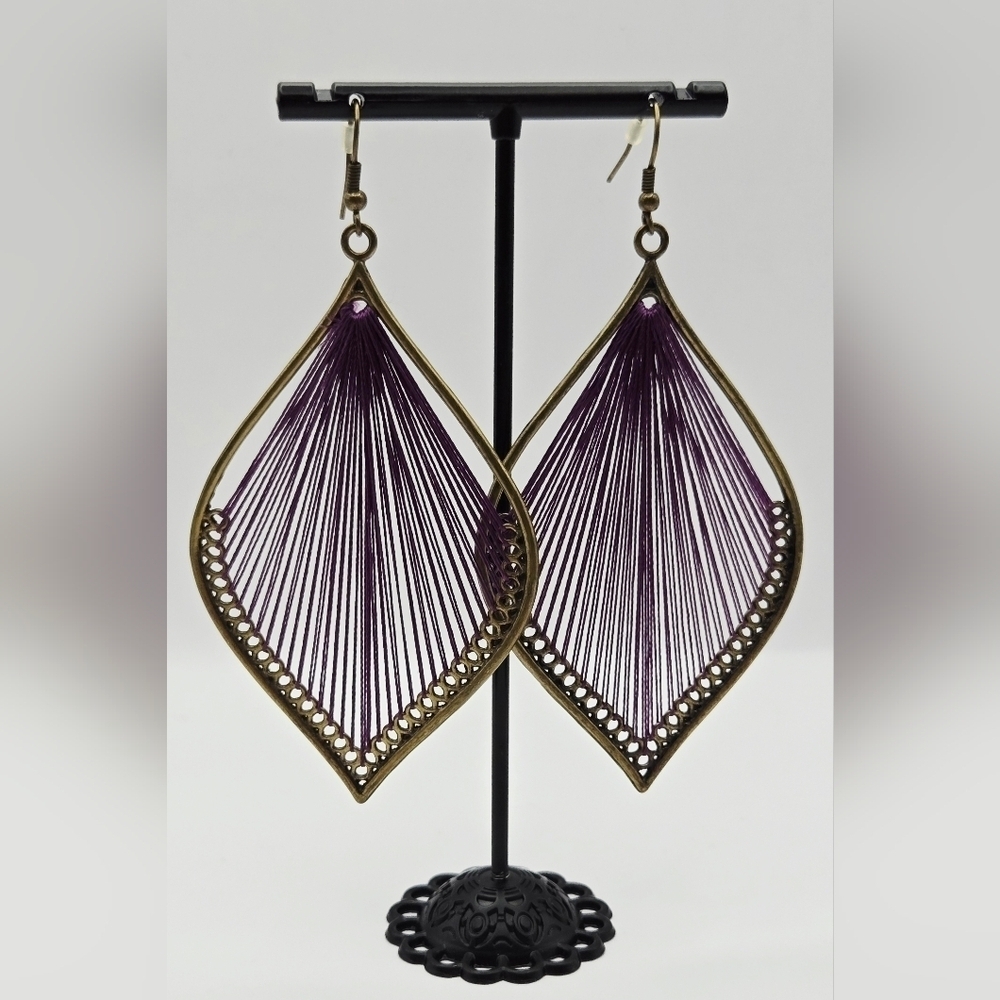 Purple Thread Teardrop Dangle Earrings Gold Tone Boho Statement
